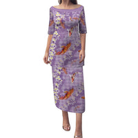 Purple Palaka Hawaiian And Japanese Family Matching Puletasi and Hawaiian Shirt Sakura Lei With Koi Fish DT05 Mom's Dress Purple - Polynesian Pride