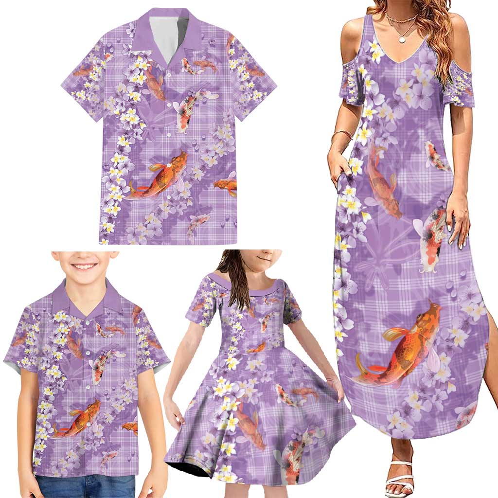 Purple Palaka Hawaiian And Japanese Family Matching Summer Maxi Dress and Hawaiian Shirt Sakura Lei With Koi Fish - Polynesian Pride
