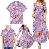 Purple Palaka Hawaiian And Japanese Family Matching Summer Maxi Dress and Hawaiian Shirt Sakura Lei With Koi Fish - Polynesian Pride