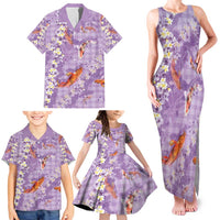 Purple Palaka Hawaiian And Japanese Family Matching Tank Maxi Dress and Hawaiian Shirt Sakura Lei With Koi Fish - Polynesian Pride
