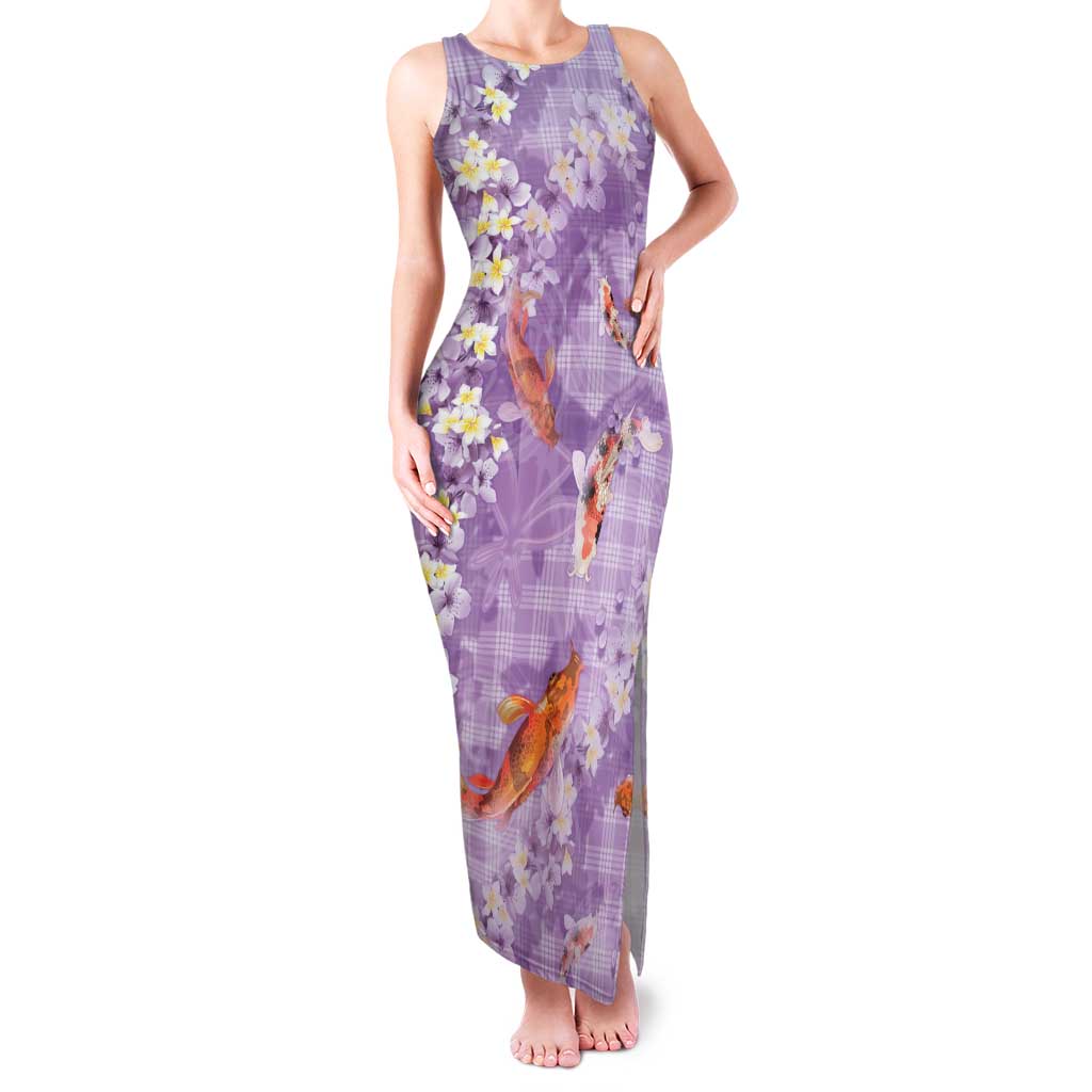 Purple Palaka Hawaiian And Japanese Family Matching Tank Maxi Dress and Hawaiian Shirt Sakura Lei With Koi Fish - Polynesian Pride