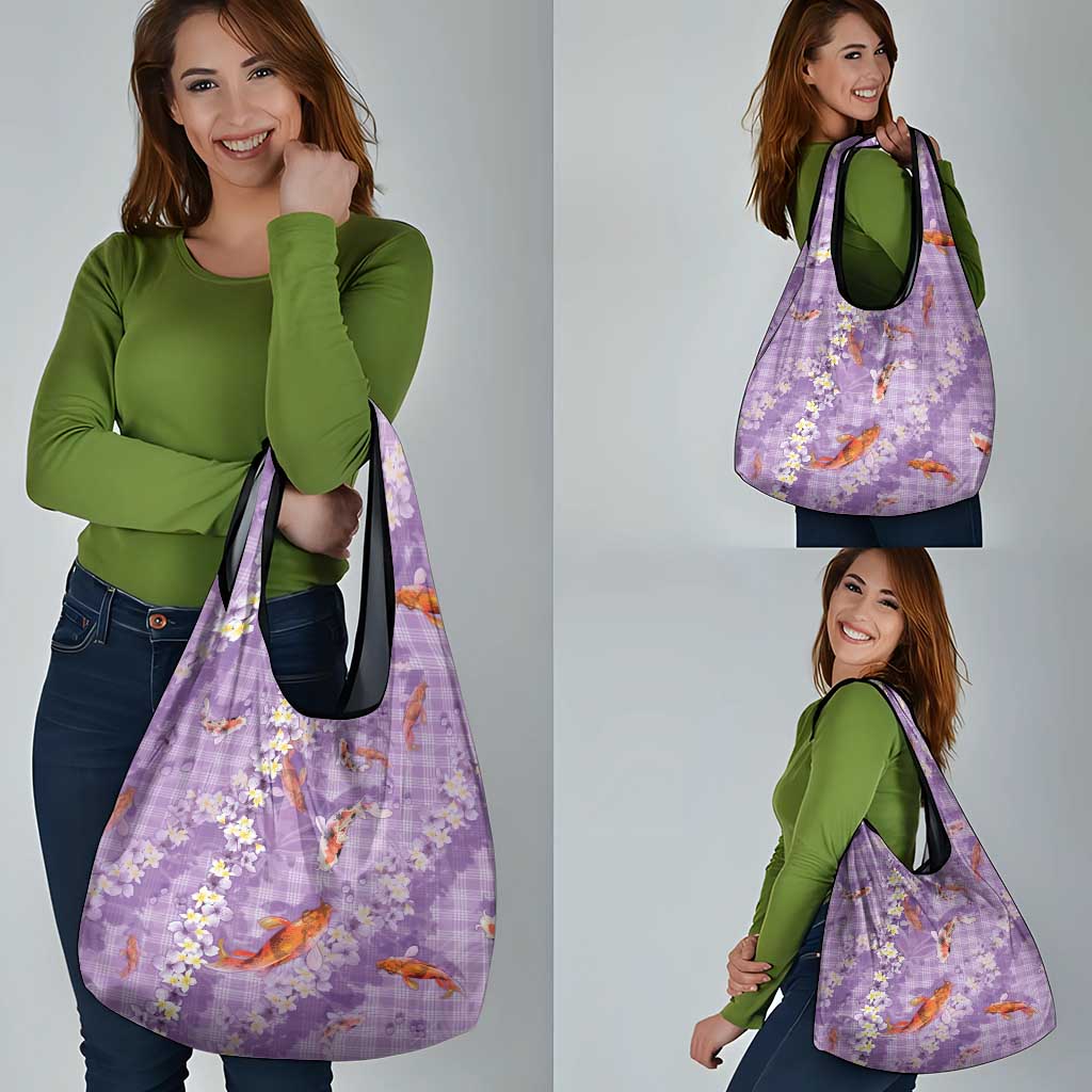 Purple Palaka Hawaiian And Japanese Grocery Bag Sakura Lei With Koi Fish - Polynesian Pride