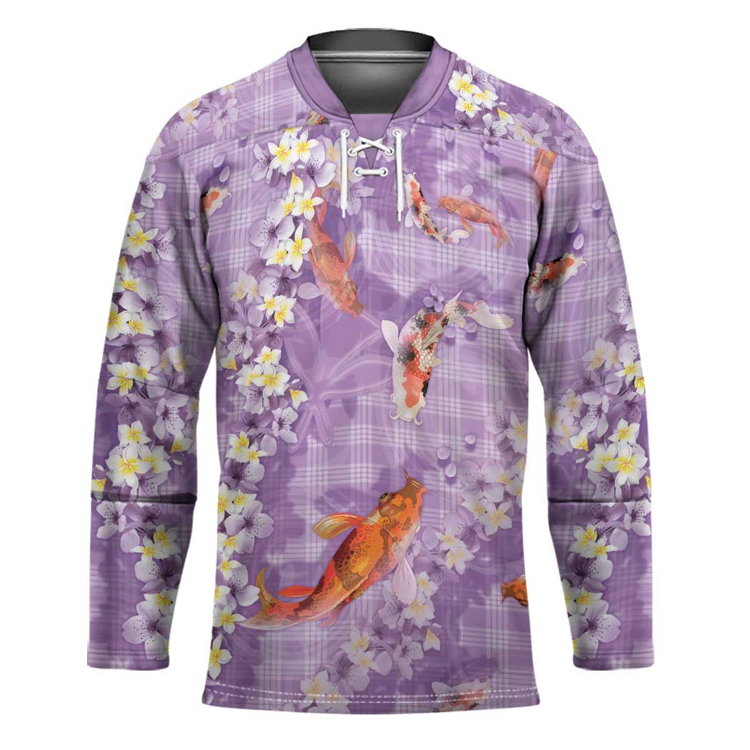 Purple Palaka Hawaiian And Japanese Hockey Jersey Sakura Lei With Koi Fish - Polynesian Pride