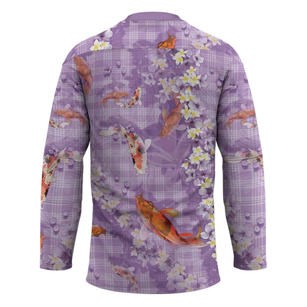Purple Palaka Hawaiian And Japanese Hockey Jersey Sakura Lei With Koi Fish - Polynesian Pride
