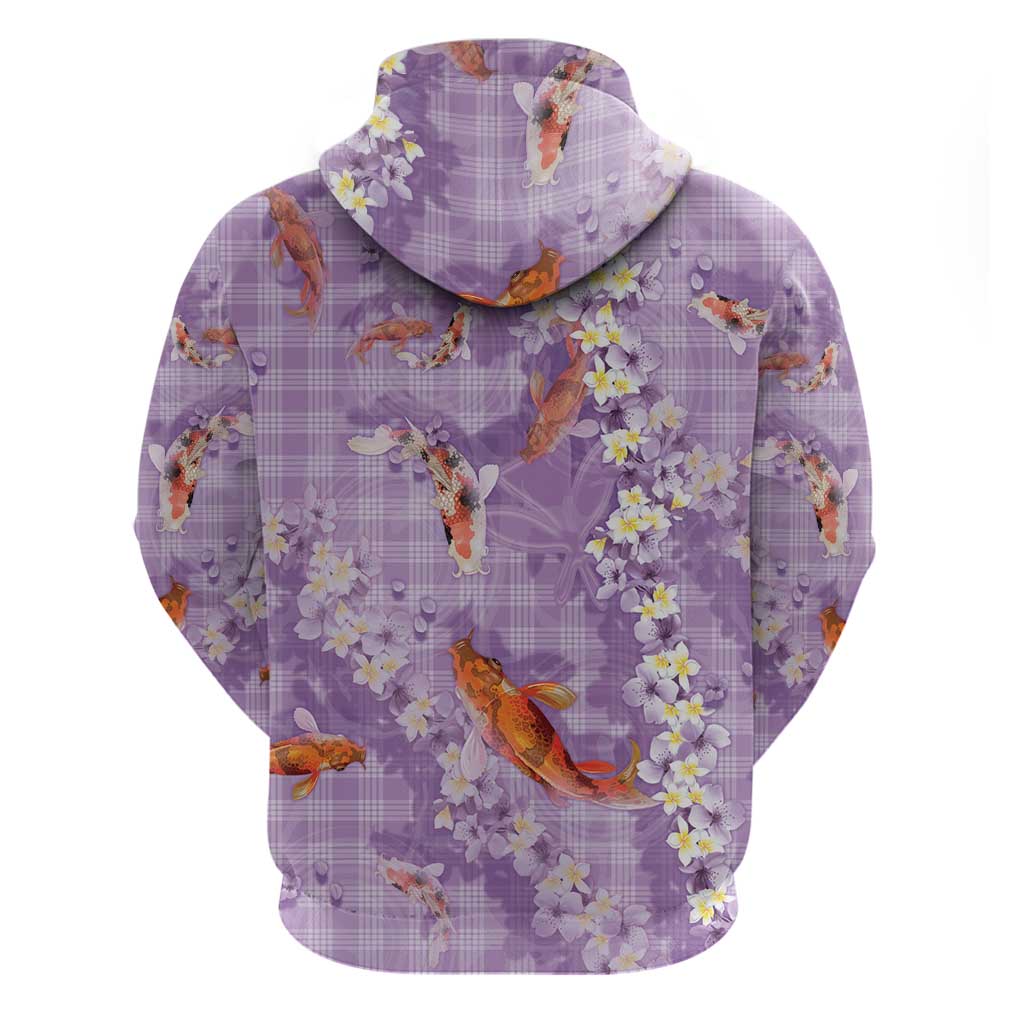 Purple Palaka Hawaiian And Japanese Hoodie Sakura Lei With Koi Fish - Polynesian Pride