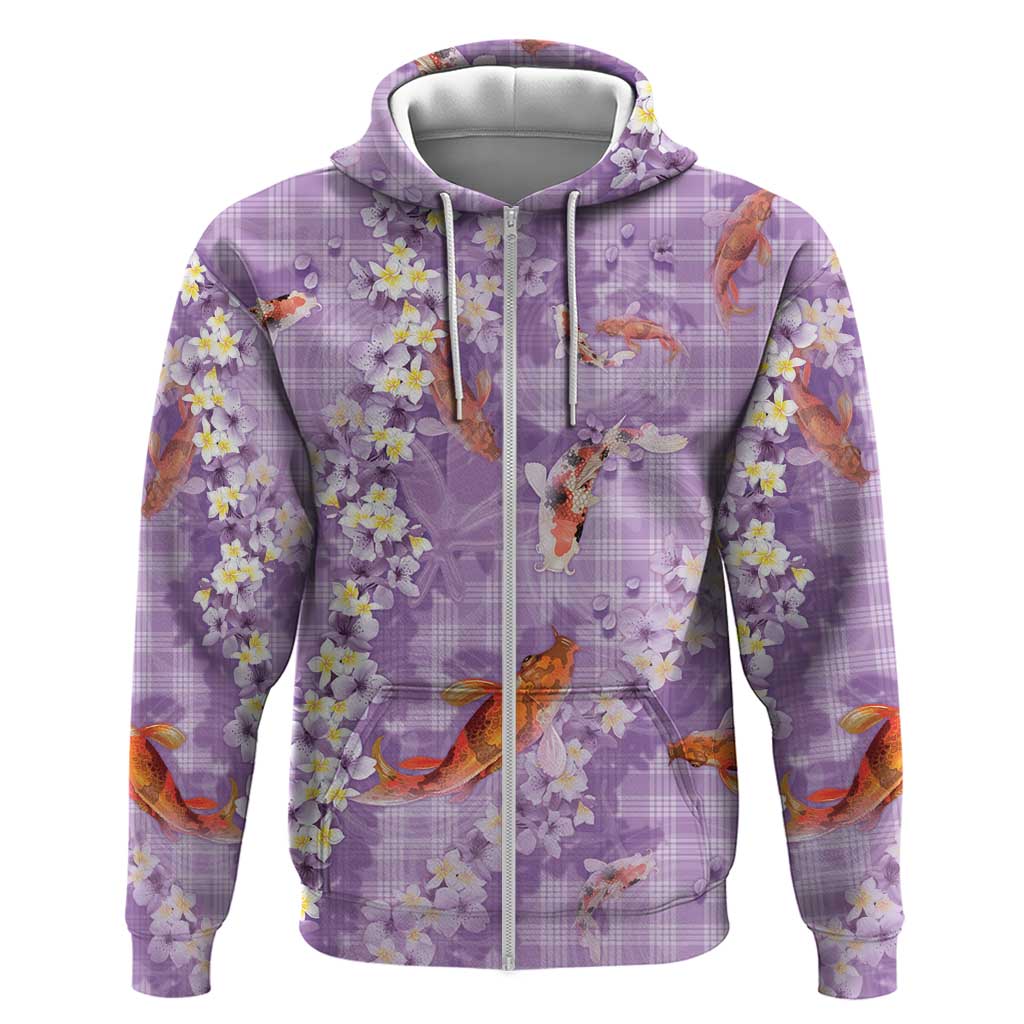 Purple Palaka Hawaiian And Japanese Hoodie Sakura Lei With Koi Fish - Polynesian Pride