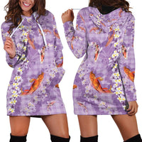 Purple Palaka Hawaiian And Japanese Hoodie Dress Sakura Lei With Koi Fish - Polynesian Pride