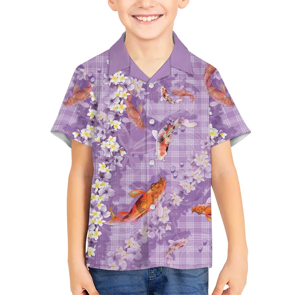 Purple Palaka Hawaiian And Japanese Kid Hawaiian Shirt Sakura Lei With Koi Fish DT05 Kid Purple - Polynesian Pride