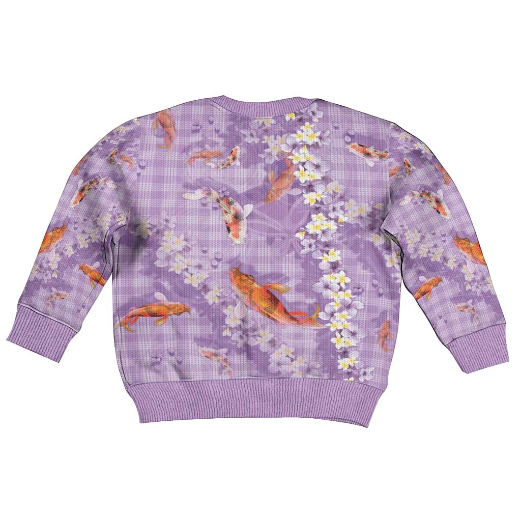 Purple Palaka Hawaiian And Japanese Kid Ugly Christmas Sweater Sakura Lei With Koi Fish - Polynesian Pride