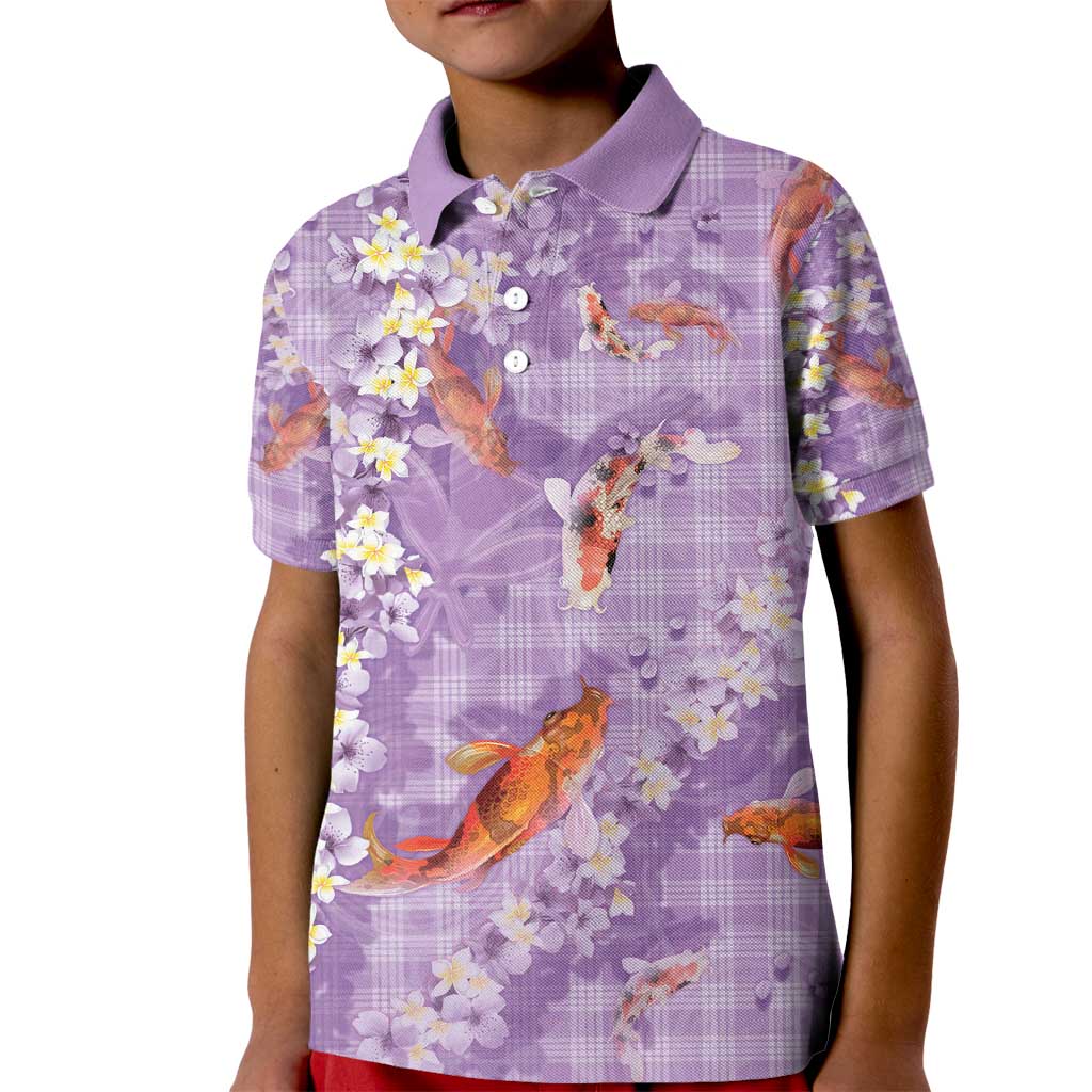 Purple Palaka Hawaiian And Japanese Kid Polo Shirt Sakura Lei With Koi Fish - Polynesian Pride