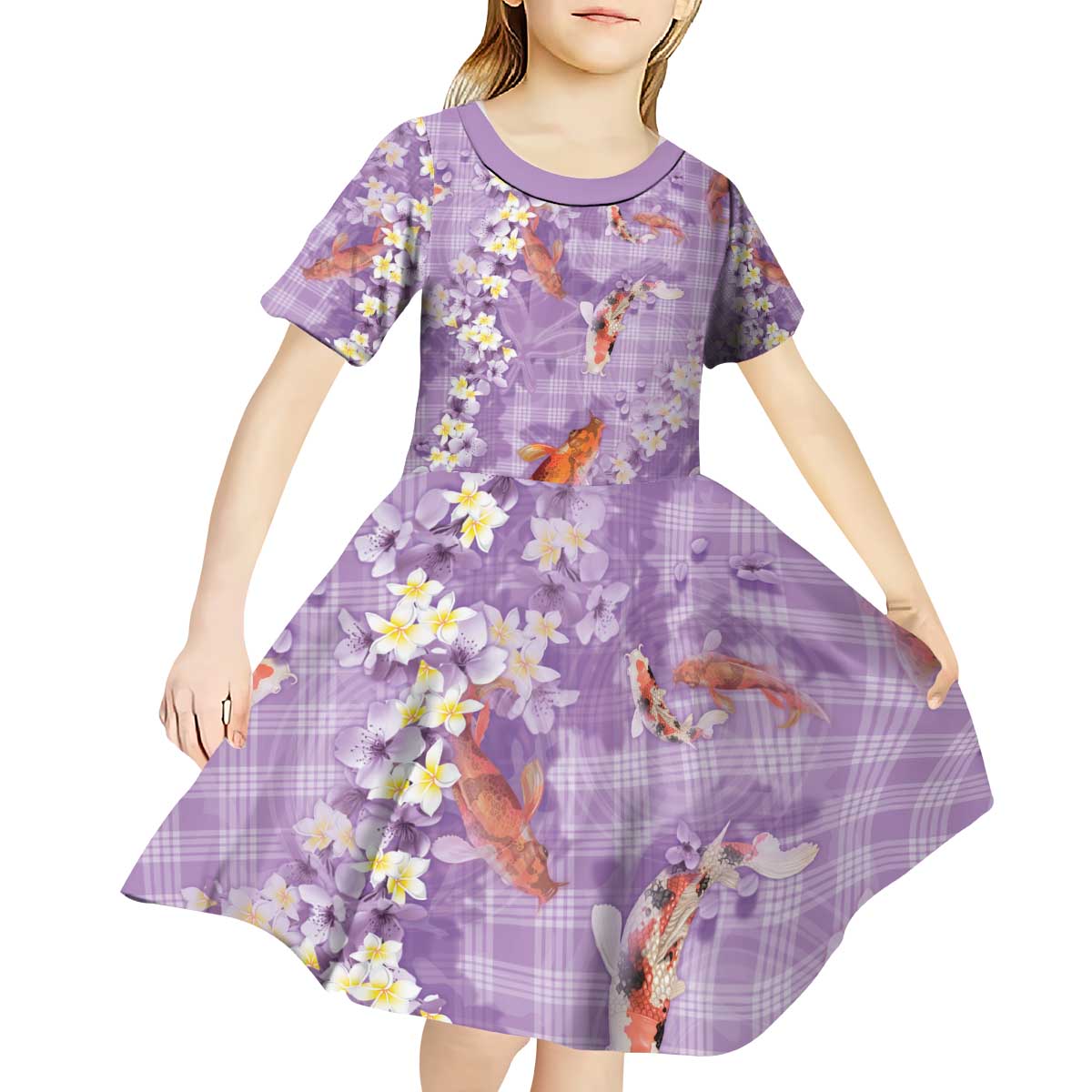 Purple Palaka Hawaiian And Japanese Kid Short Sleeve Dress Sakura Lei With Koi Fish - Polynesian Pride