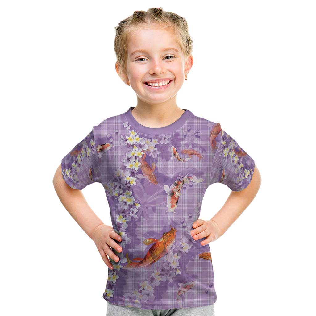 Purple Palaka Hawaiian And Japanese Kid T Shirt Sakura Lei With Koi Fish - Polynesian Pride