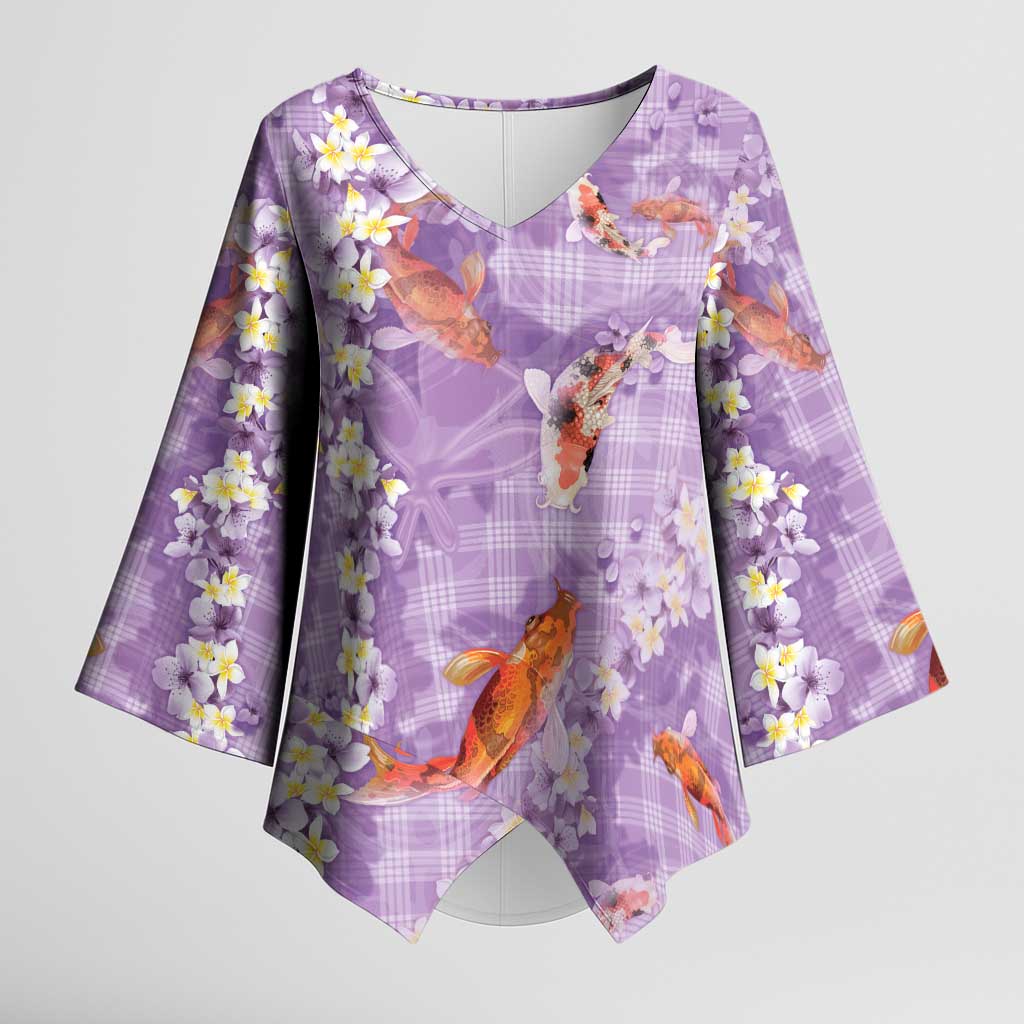 Purple Palaka Hawaiian And Japanese Kimono Sleeve Blouse Sakura Lei With Koi Fish - Polynesian Pride
