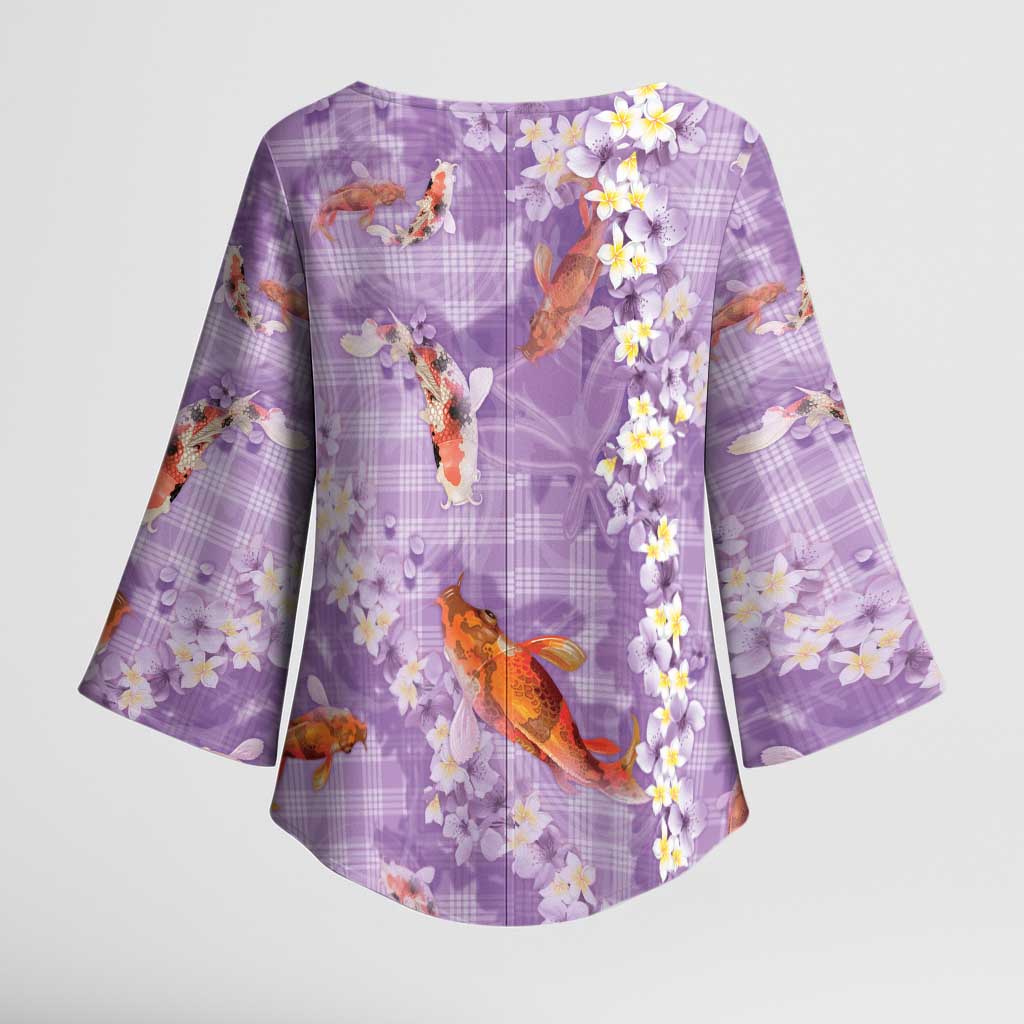 Purple Palaka Hawaiian And Japanese Kimono Sleeve Blouse Sakura Lei With Koi Fish - Polynesian Pride