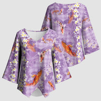 Purple Palaka Hawaiian And Japanese Kimono Sleeve Blouse Sakura Lei With Koi Fish - Polynesian Pride