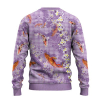 Purple Palaka Hawaiian And Japanese Ugly Christmas Sweater Sakura Lei With Koi Fish - Polynesian Pride