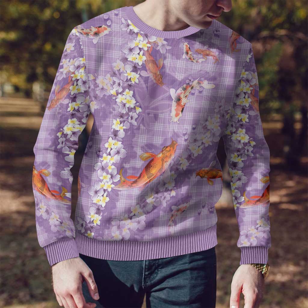 Purple Palaka Hawaiian And Japanese Ugly Christmas Sweater Sakura Lei With Koi Fish - Polynesian Pride