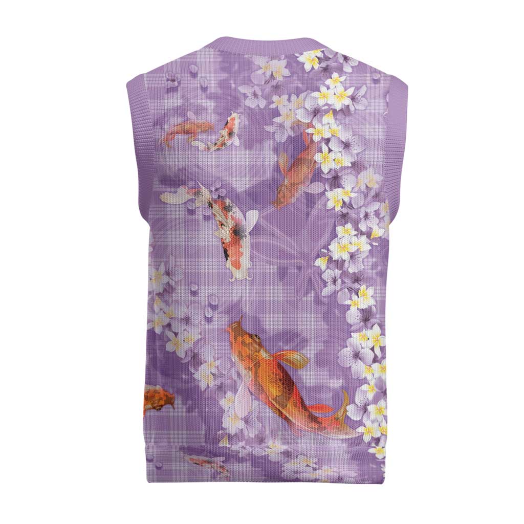 Purple Palaka Hawaiian And Japanese Christmas Knitted V-Neck Vest Sakura Lei With Koi Fish - Polynesian Pride
