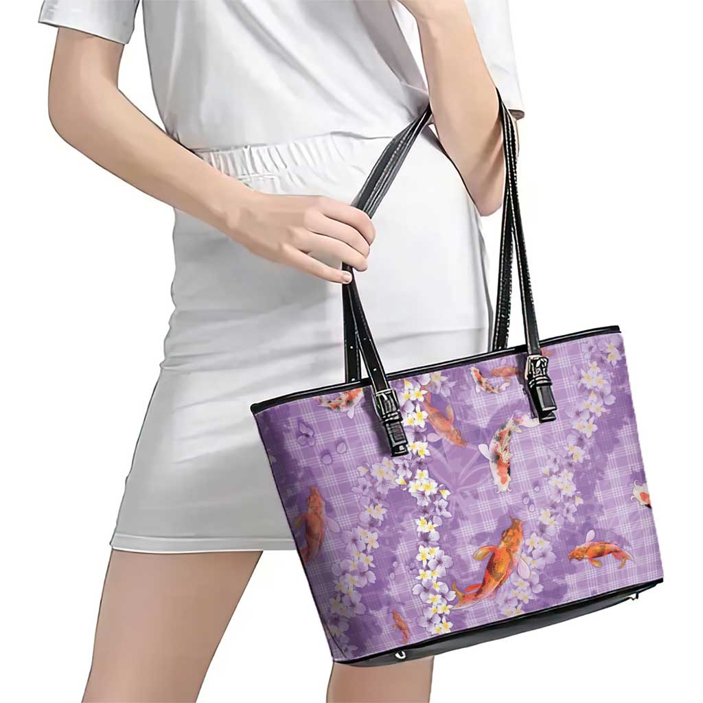 Purple Palaka Hawaiian And Japanese Leather Tote Bag Sakura Lei With Koi Fish - Polynesian Pride