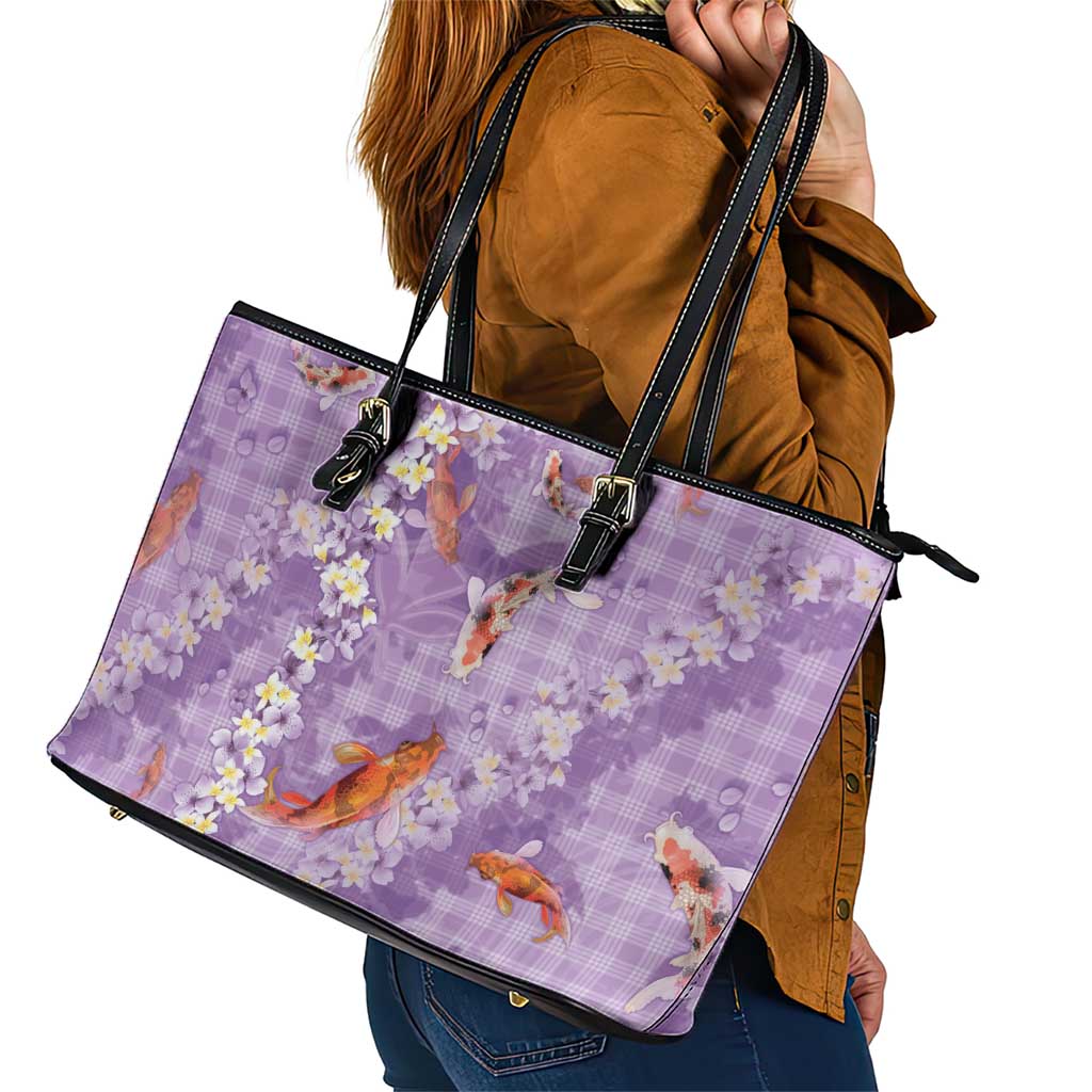 Purple Palaka Hawaiian And Japanese Leather Tote Bag Sakura Lei With Koi Fish - Polynesian Pride
