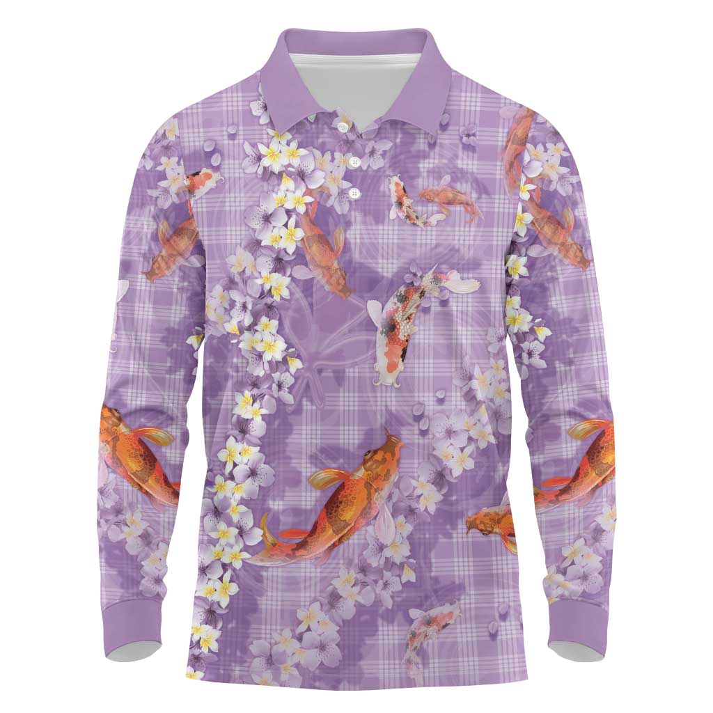 Purple Palaka Hawaiian And Japanese Long Sleeve Polo Shirt Sakura Lei With Koi Fish - Polynesian Pride