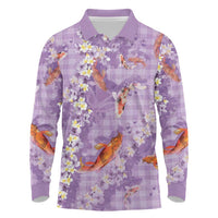 Purple Palaka Hawaiian And Japanese Long Sleeve Polo Shirt Sakura Lei With Koi Fish - Polynesian Pride