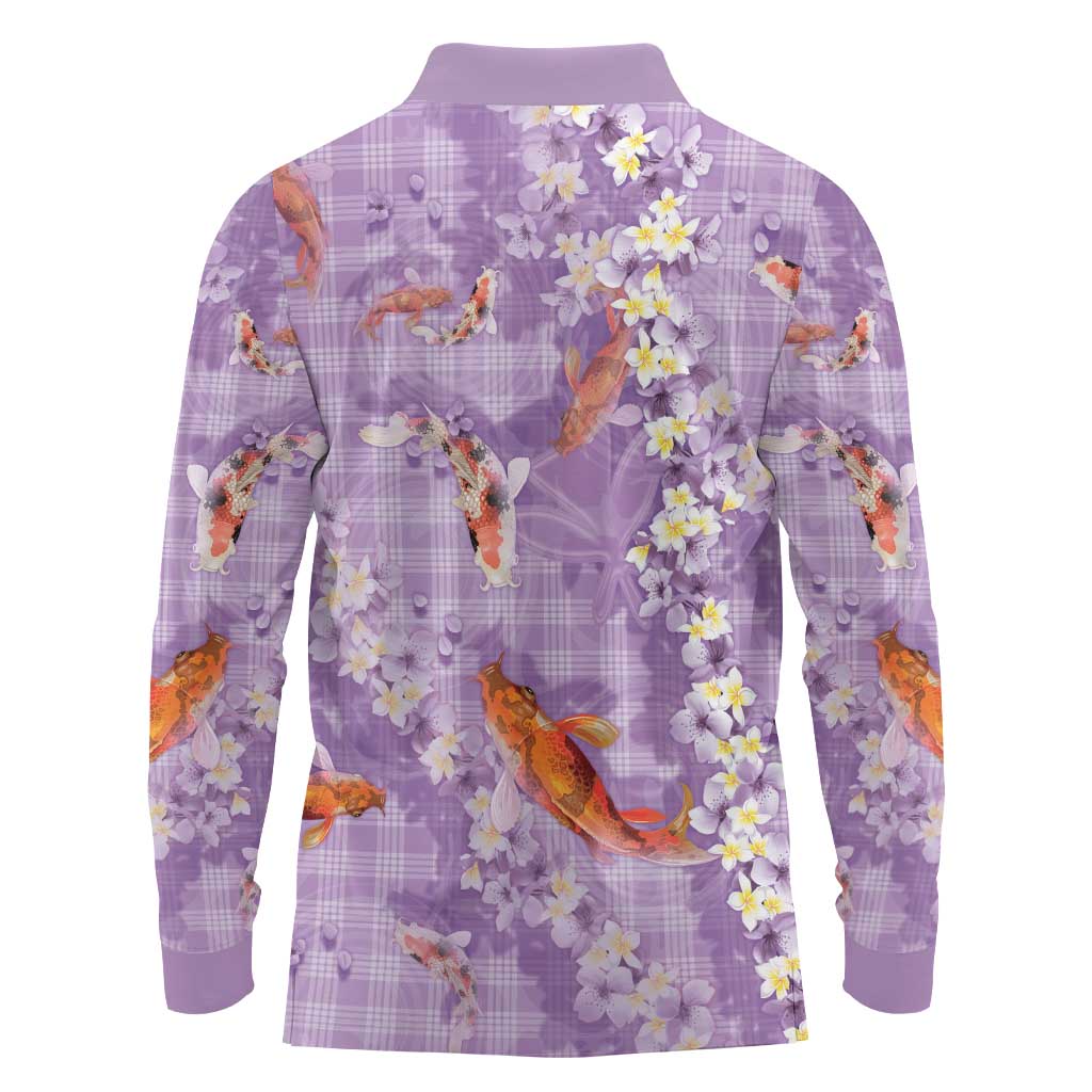 Purple Palaka Hawaiian And Japanese Long Sleeve Polo Shirt Sakura Lei With Koi Fish - Polynesian Pride