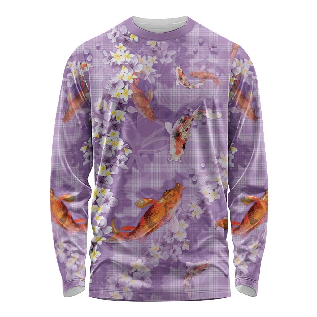Purple Palaka Hawaiian And Japanese Long Sleeve Shirt Sakura Lei With Koi Fish - Polynesian Pride