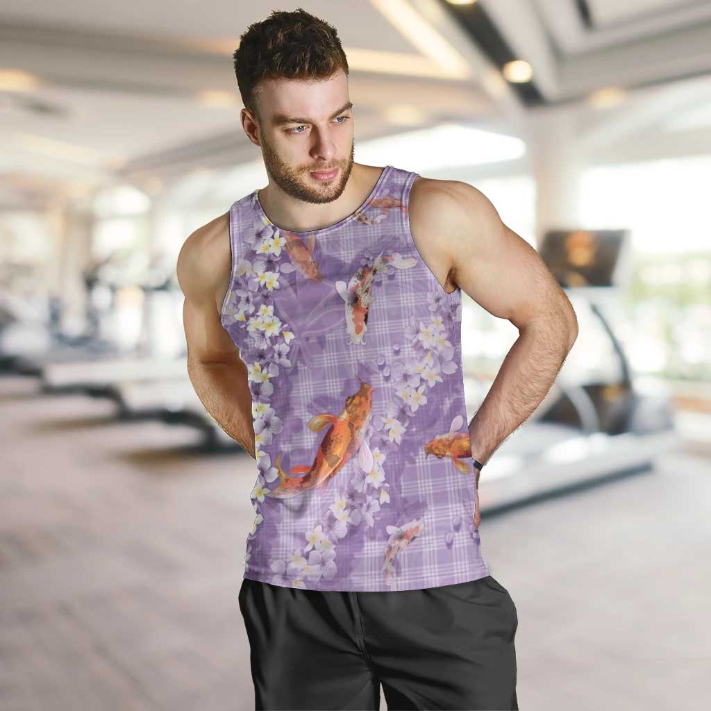 Purple Palaka Hawaiian And Japanese Men Tank Top Sakura Lei With Koi Fish - Polynesian Pride