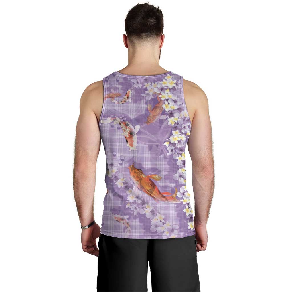 Purple Palaka Hawaiian And Japanese Men Tank Top Sakura Lei With Koi Fish - Polynesian Pride