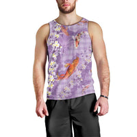 Purple Palaka Hawaiian And Japanese Men Tank Top Sakura Lei With Koi Fish - Polynesian Pride