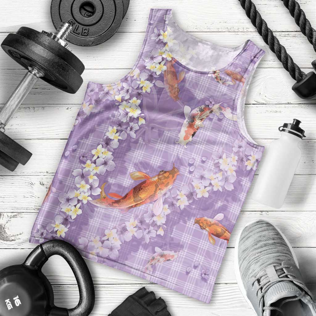 Purple Palaka Hawaiian And Japanese Men Tank Top Sakura Lei With Koi Fish - Polynesian Pride