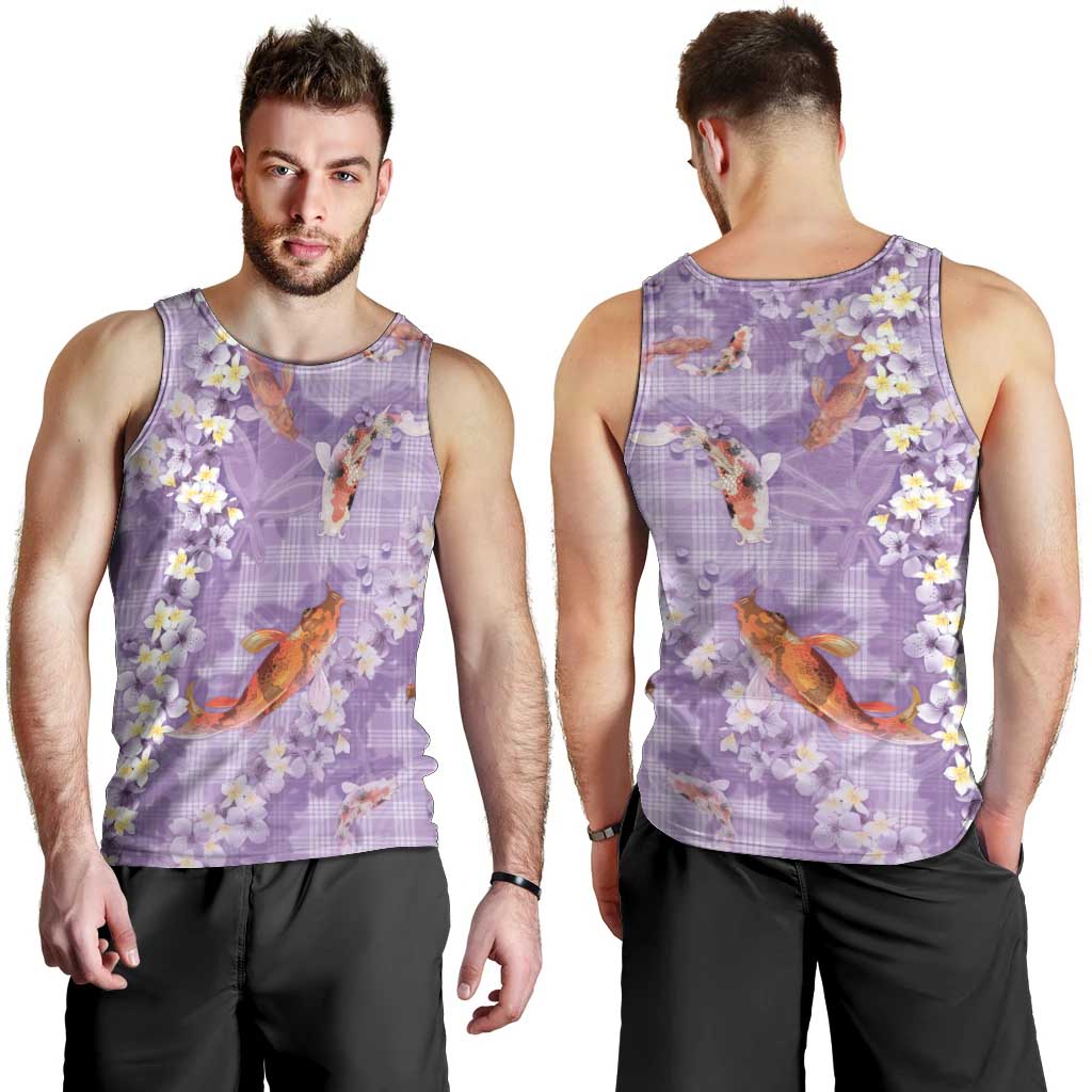 Purple Palaka Hawaiian And Japanese Men Tank Top Sakura Lei With Koi Fish - Polynesian Pride
