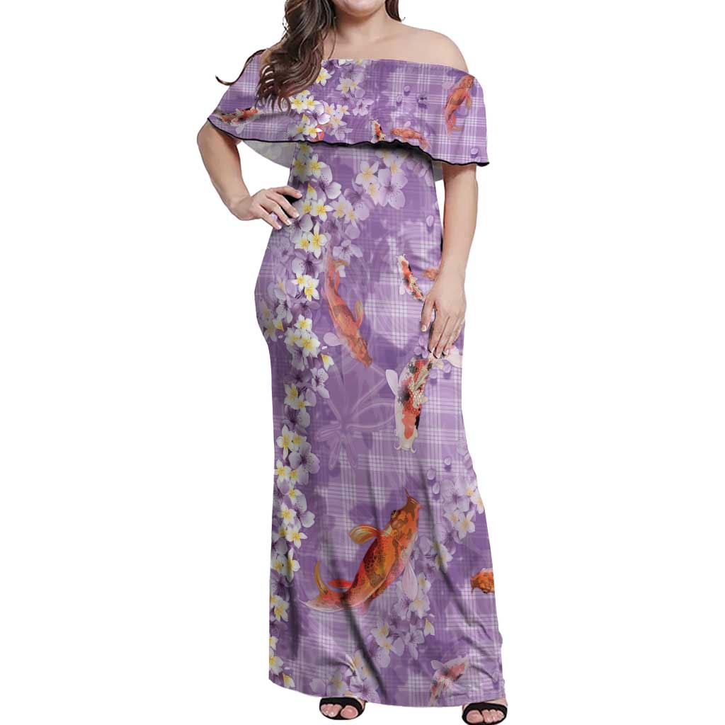 Purple Palaka Hawaiian And Japanese Off Shoulder Maxi Dress Sakura Lei With Koi Fish - Polynesian Pride