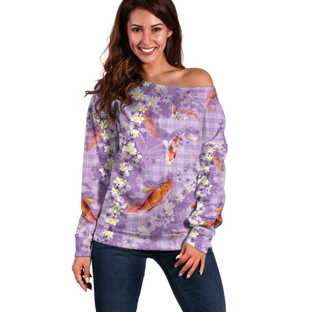 Purple Palaka Hawaiian And Japanese Off Shoulder Sweater Sakura Lei With Koi Fish - Polynesian Pride