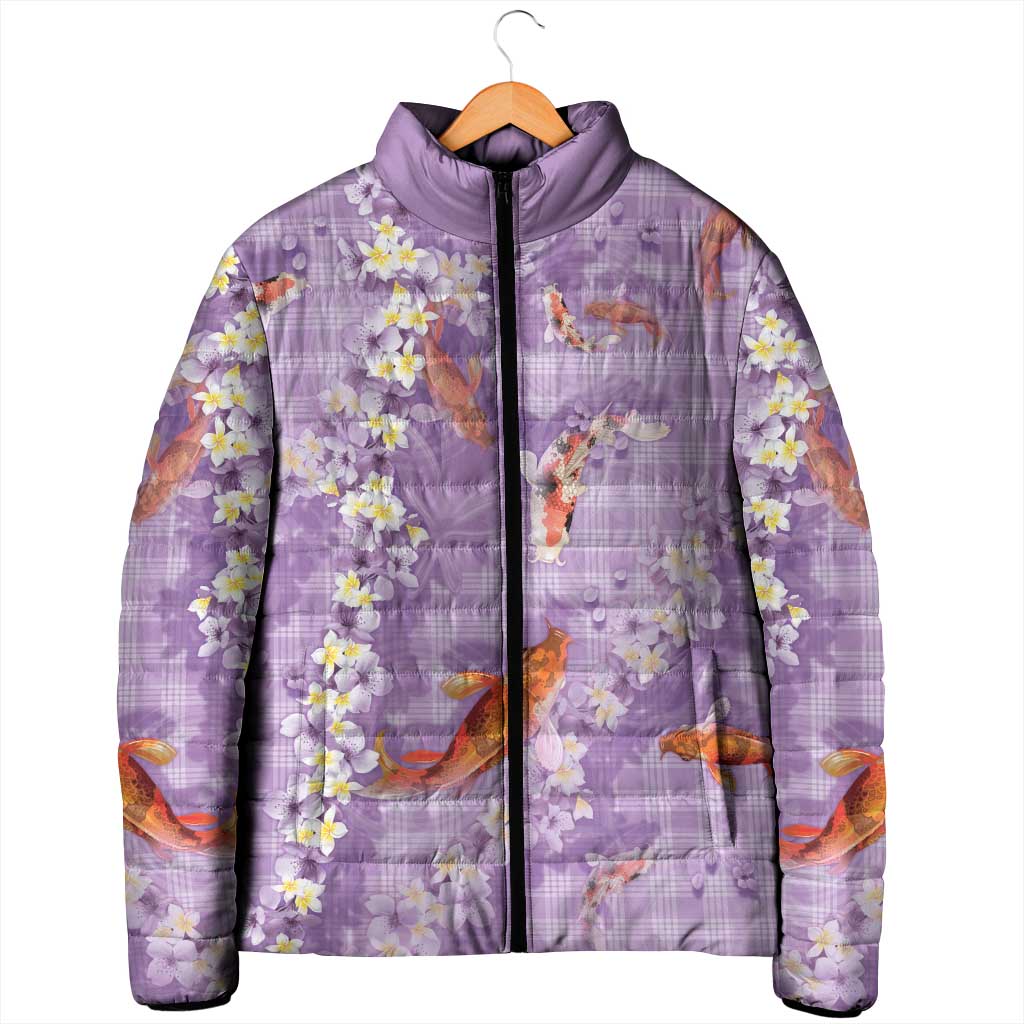 Purple Palaka Hawaiian And Japanese Padded Jacket Sakura Lei With Koi Fish - Polynesian Pride