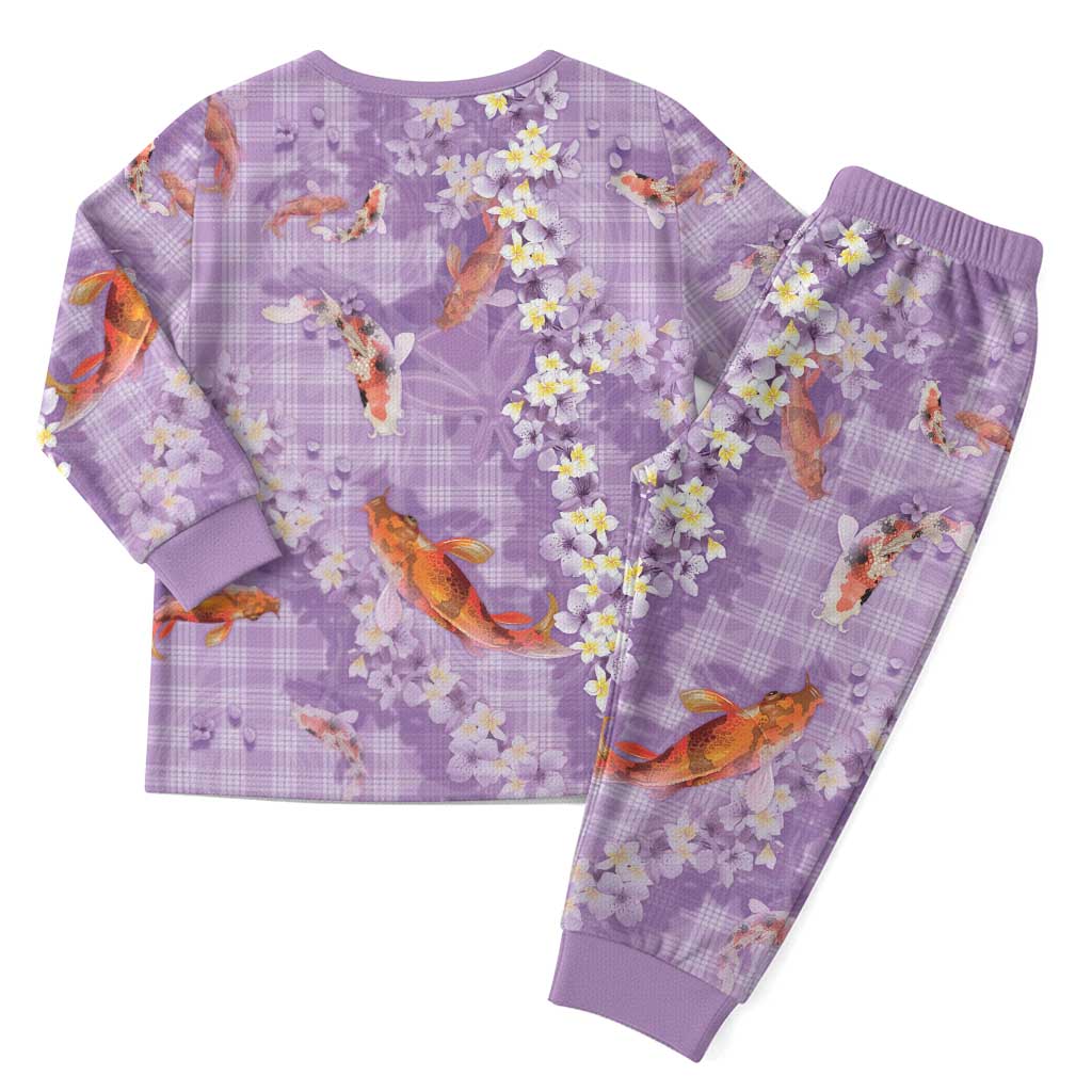 Purple Palaka Hawaiian And Japanese Christmas Pajama Set Sakura Lei With Koi Fish - Polynesian Pride
