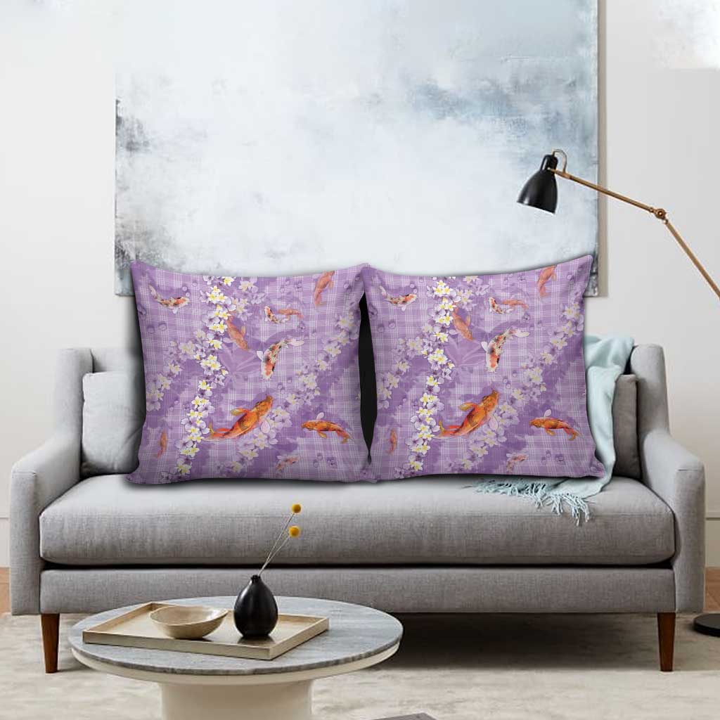 Purple Palaka Hawaiian And Japanese Pillow Cover Sakura Lei With Koi Fish - Polynesian Pride