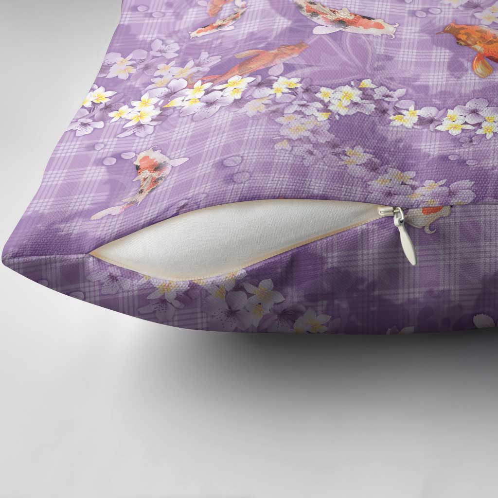 Purple Palaka Hawaiian And Japanese Pillow Cover Sakura Lei With Koi Fish - Polynesian Pride