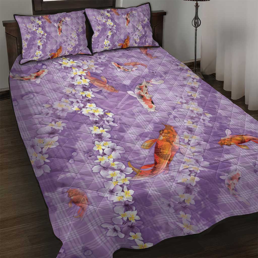 Purple Palaka Hawaiian And Japanese Quilt Bed Set Sakura Lei With Koi Fish - Polynesian Pride