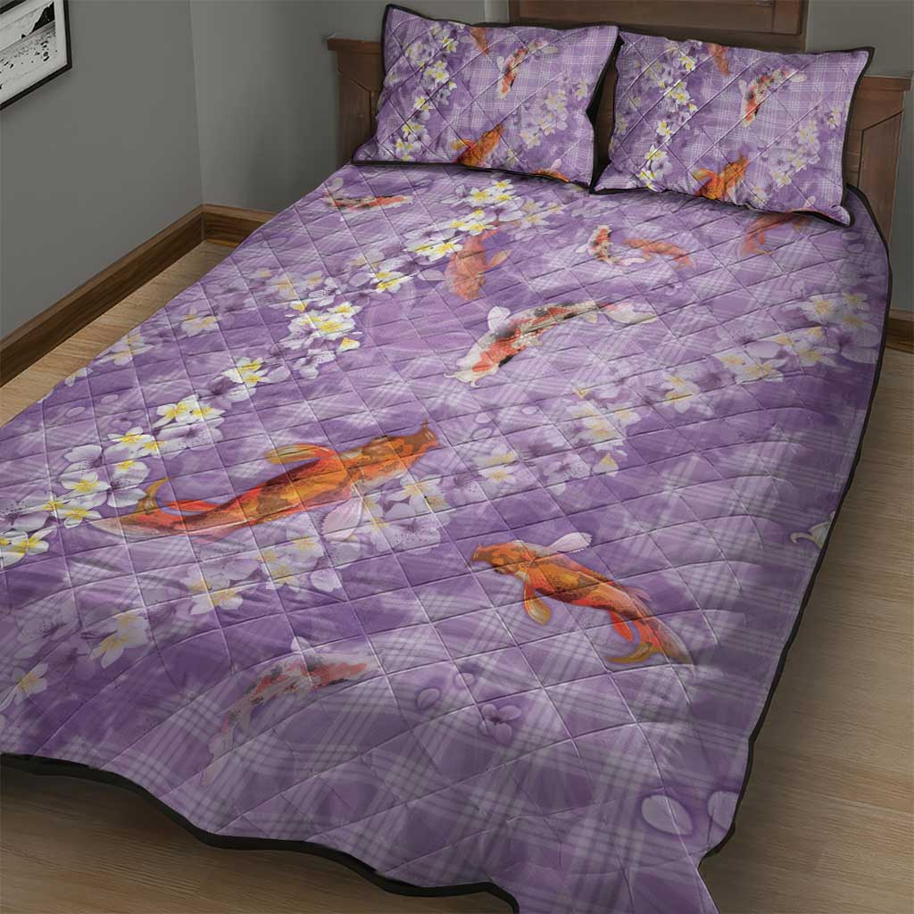 Purple Palaka Hawaiian And Japanese Quilt Bed Set Sakura Lei With Koi Fish - Polynesian Pride