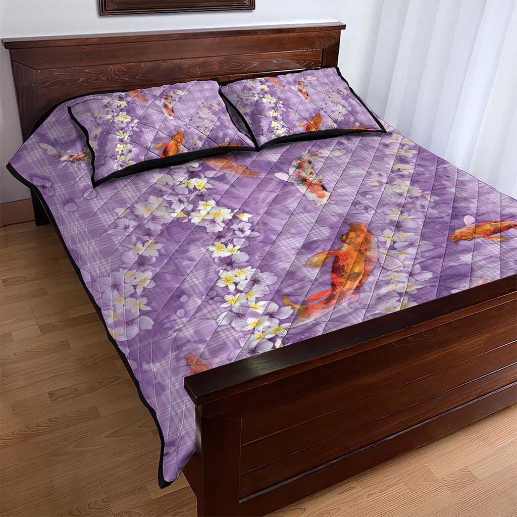 Purple Palaka Hawaiian And Japanese Quilt Bed Set Sakura Lei With Koi Fish - Polynesian Pride