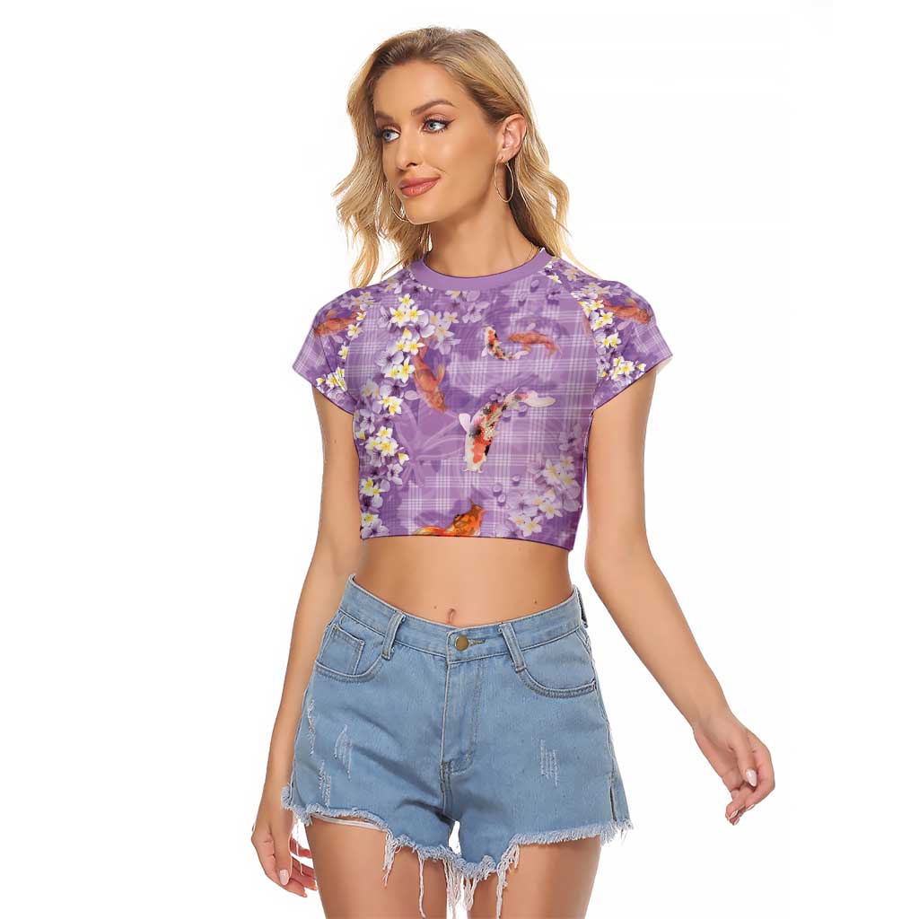 Purple Palaka Hawaiian And Japanese Raglan Cropped T Shirt Sakura Lei With Koi Fish - Polynesian Pride
