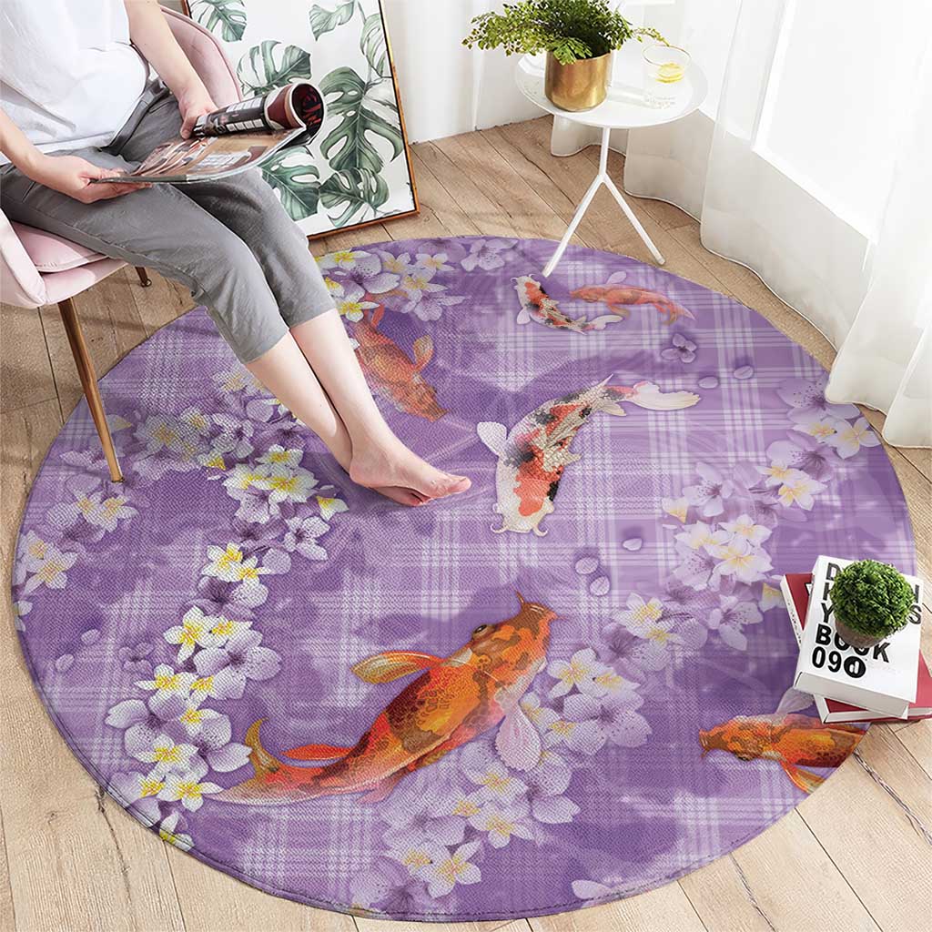 Purple Palaka Hawaiian And Japanese Round Carpet Sakura Lei With Koi Fish - Polynesian Pride