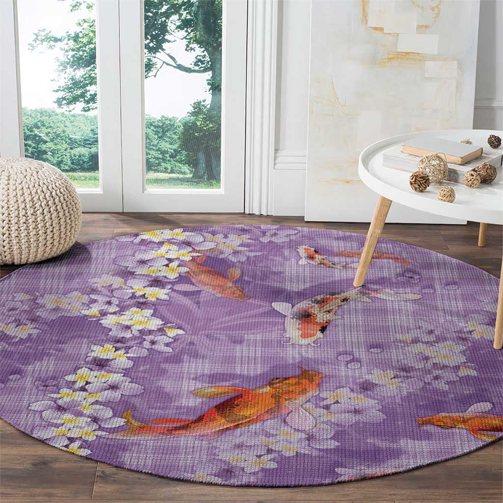 Purple Palaka Hawaiian And Japanese Round Carpet Sakura Lei With Koi Fish - Polynesian Pride