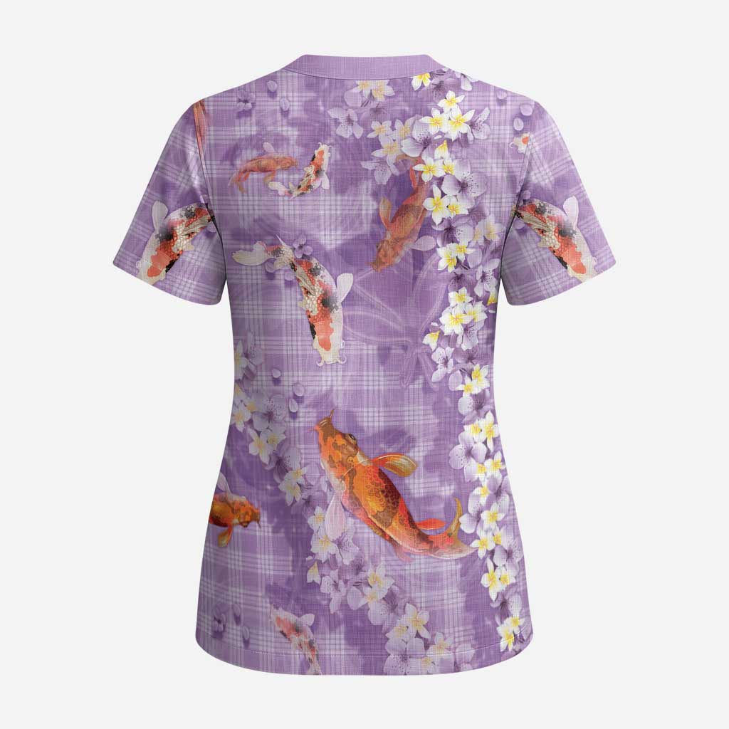 Purple Palaka Hawaiian And Japanese Scrub Top Sakura Lei With Koi Fish - Polynesian Pride