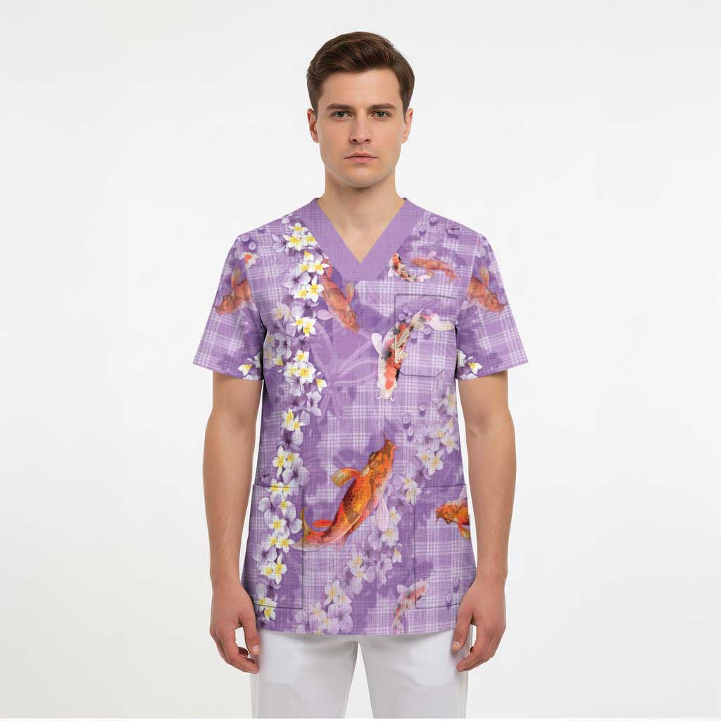 Purple Palaka Hawaiian And Japanese Scrub Top Sakura Lei With Koi Fish - Polynesian Pride
