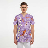 Purple Palaka Hawaiian And Japanese Scrub Top Sakura Lei With Koi Fish - Polynesian Pride
