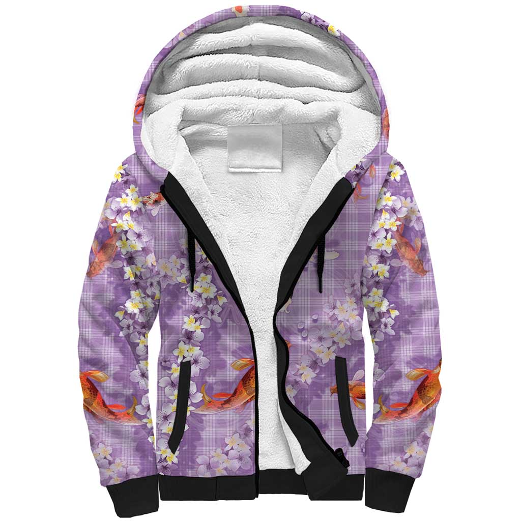 Purple Palaka Hawaiian And Japanese Sherpa Hoodie Sakura Lei With Koi Fish - Polynesian Pride