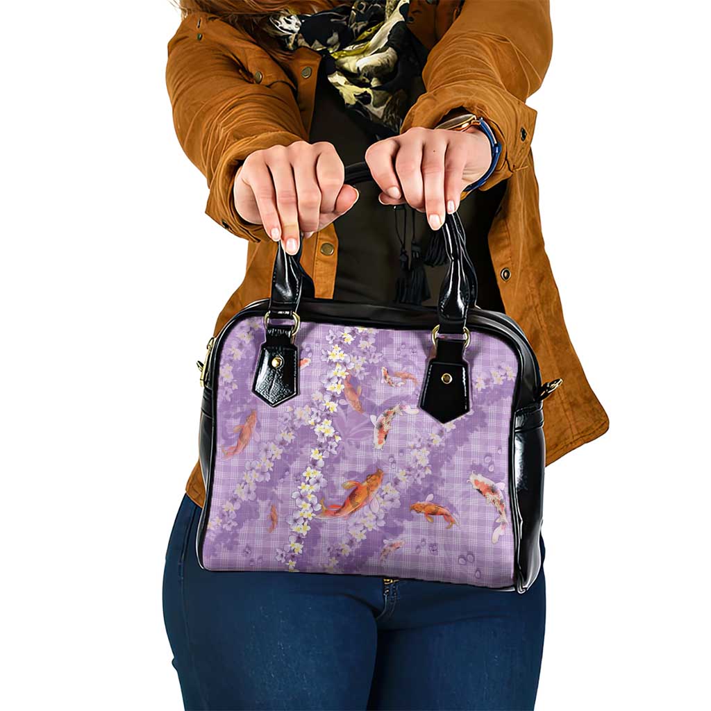 Purple Palaka Hawaiian And Japanese Shoulder Handbag Sakura Lei With Koi Fish - Polynesian Pride